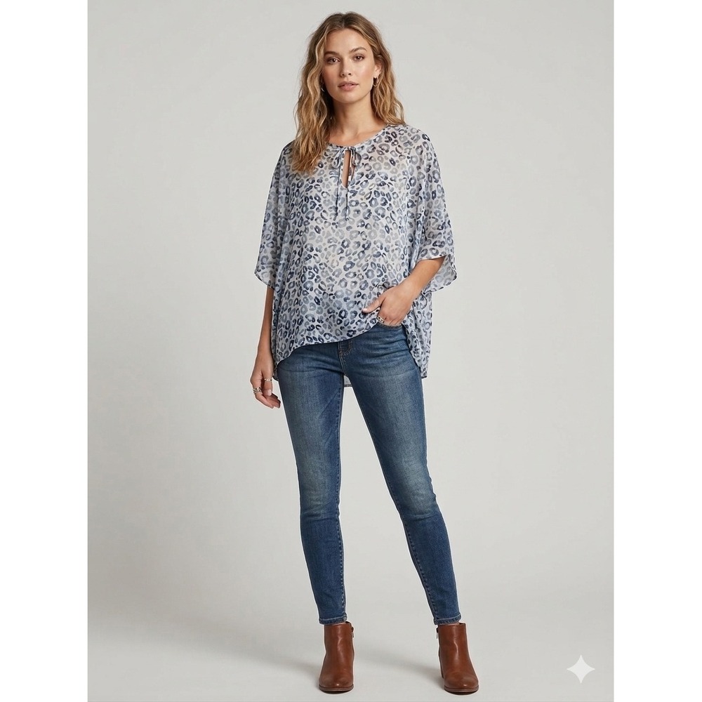 Cato Blue Leopard Print Poncho Top Metallic Shimmer Split Tie Neck Medium